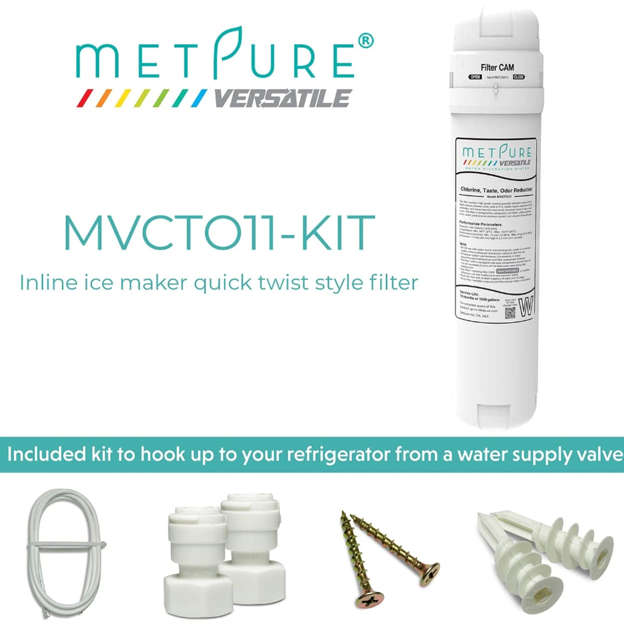 Metpure Versatile Inline MVCTO11-KIT Quick Twist Water Filter 1/4 for Refrigerator, Ice Maker, Coffee Maker, Reduces Bad Taste, Odor, Chlorine in