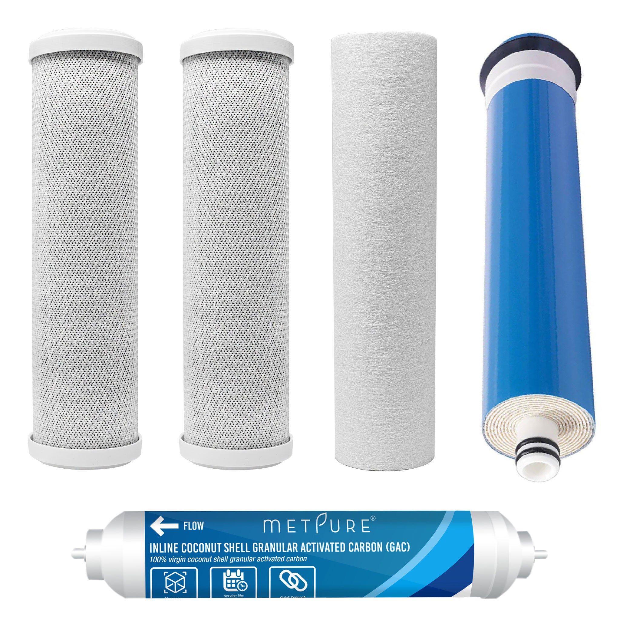 5 Pack Replacement Filters for RO Drinking Water System - (1) 50 GPD RO Reverse Osmosis Membrane + (1) 10" GAC W/ 1/4" Quick Connect Ports + (2) 10" x 2.5" Carbon Block + (1) 10" x 2.5" PP Sediment