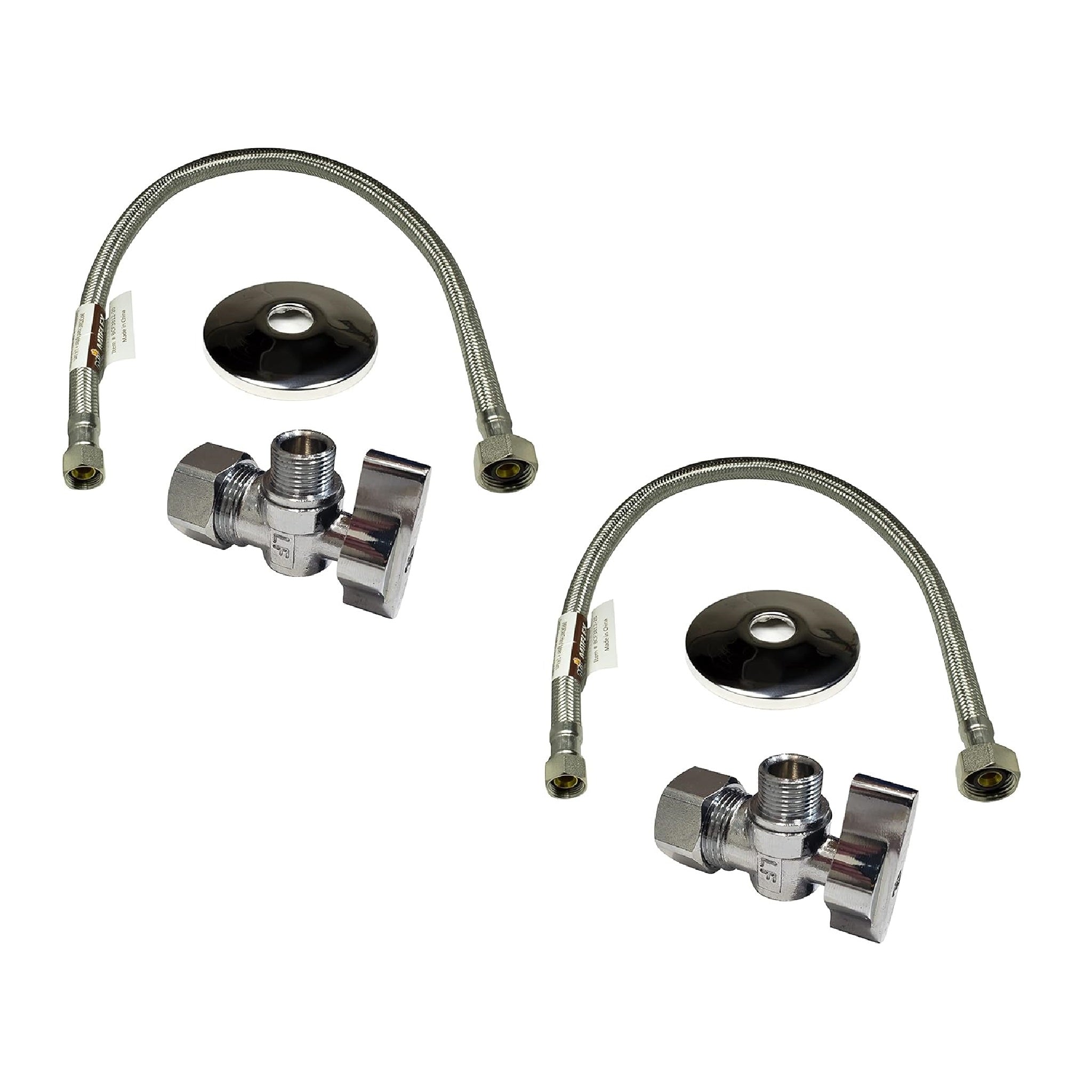 Complete Set 1/2 in. NOM Inlet x 3/8 in. OD Compression Outlet Angle Shut Off Valve + Escutcheon Plate + 20" Long Stainless Steel Braided Faucet Water Supply Line (2 Pack)