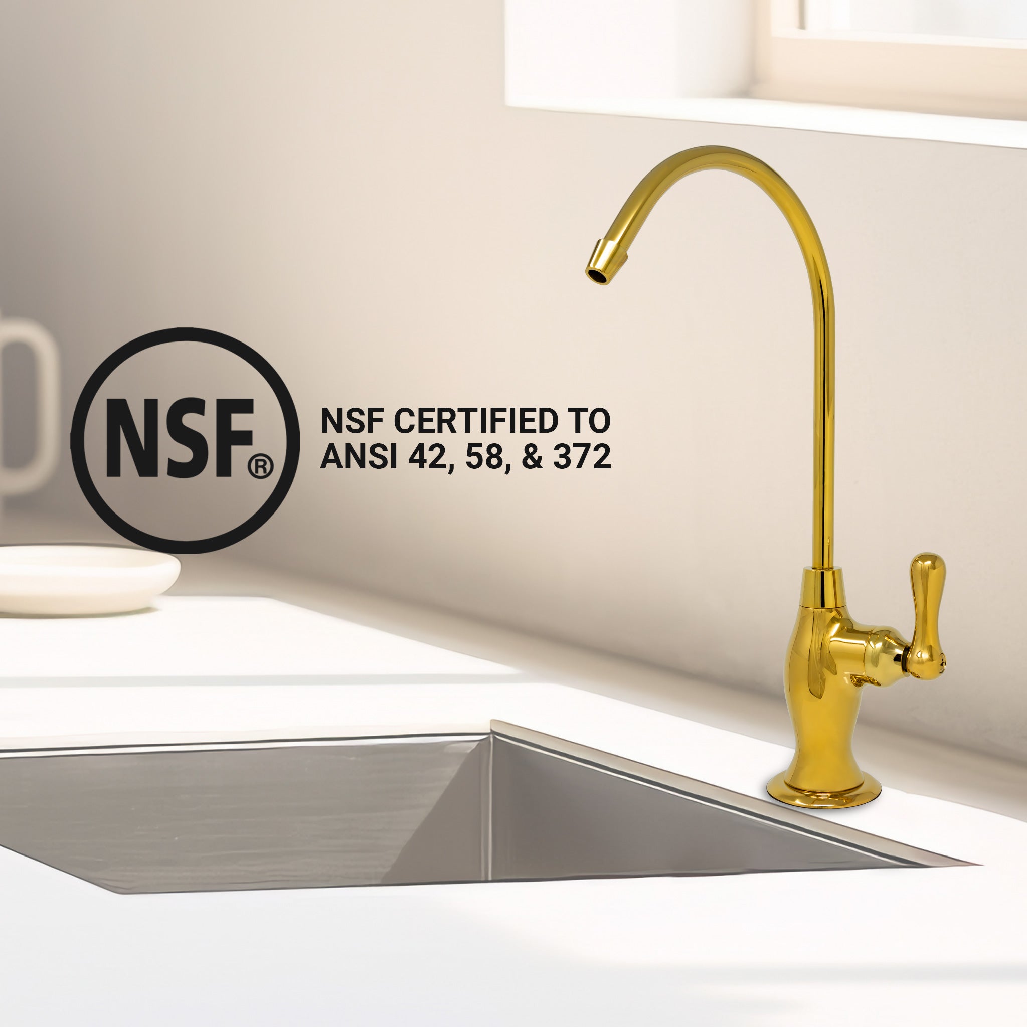 Water Filtration Faucet Vase Style Bright Gold Reverse Osmosis Non Air Gap. Certified by NSF.