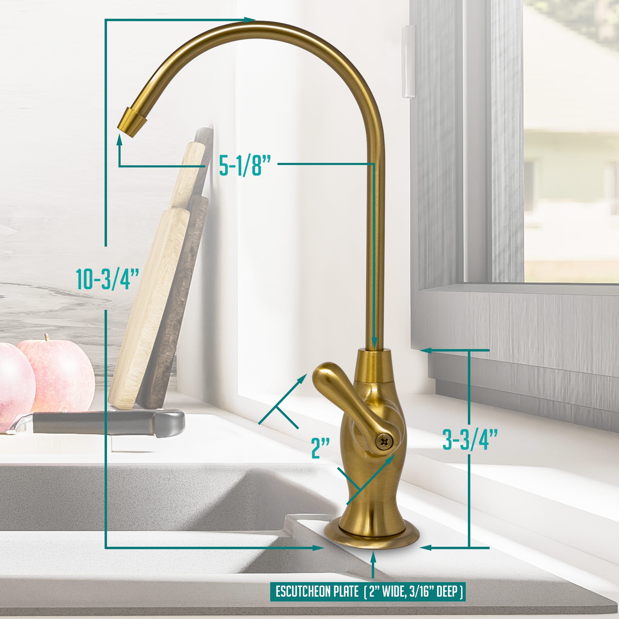 Water Filtration Faucet Vase Style Brushed Gold Reverse Osmosis Air Gap With Pre-installed Attached Tubings. Certified by NSF.