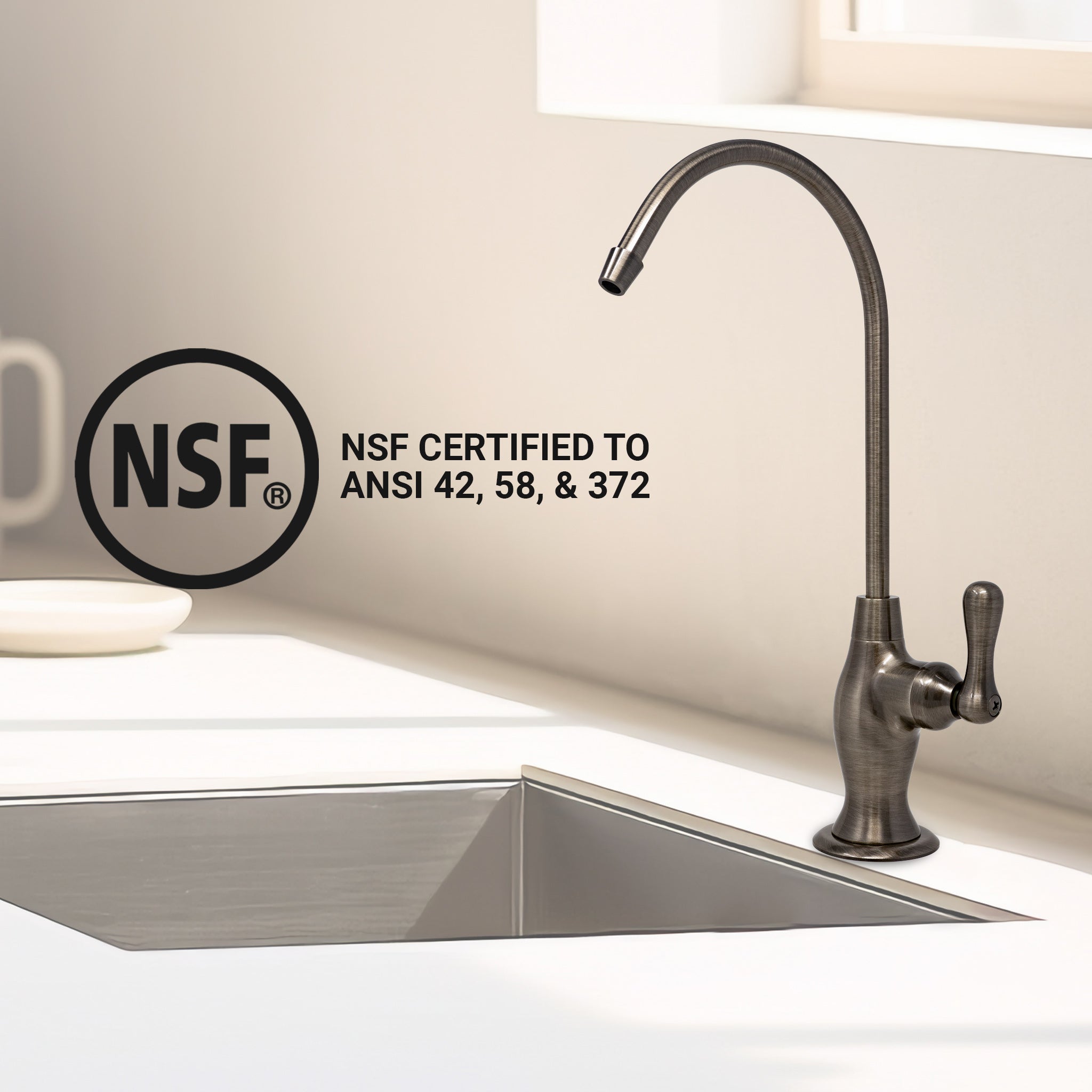 Water Filtration Faucet Vase Style Gunpowder Grey Reverse Osmosis Non Air Gap. Certified by NSF.