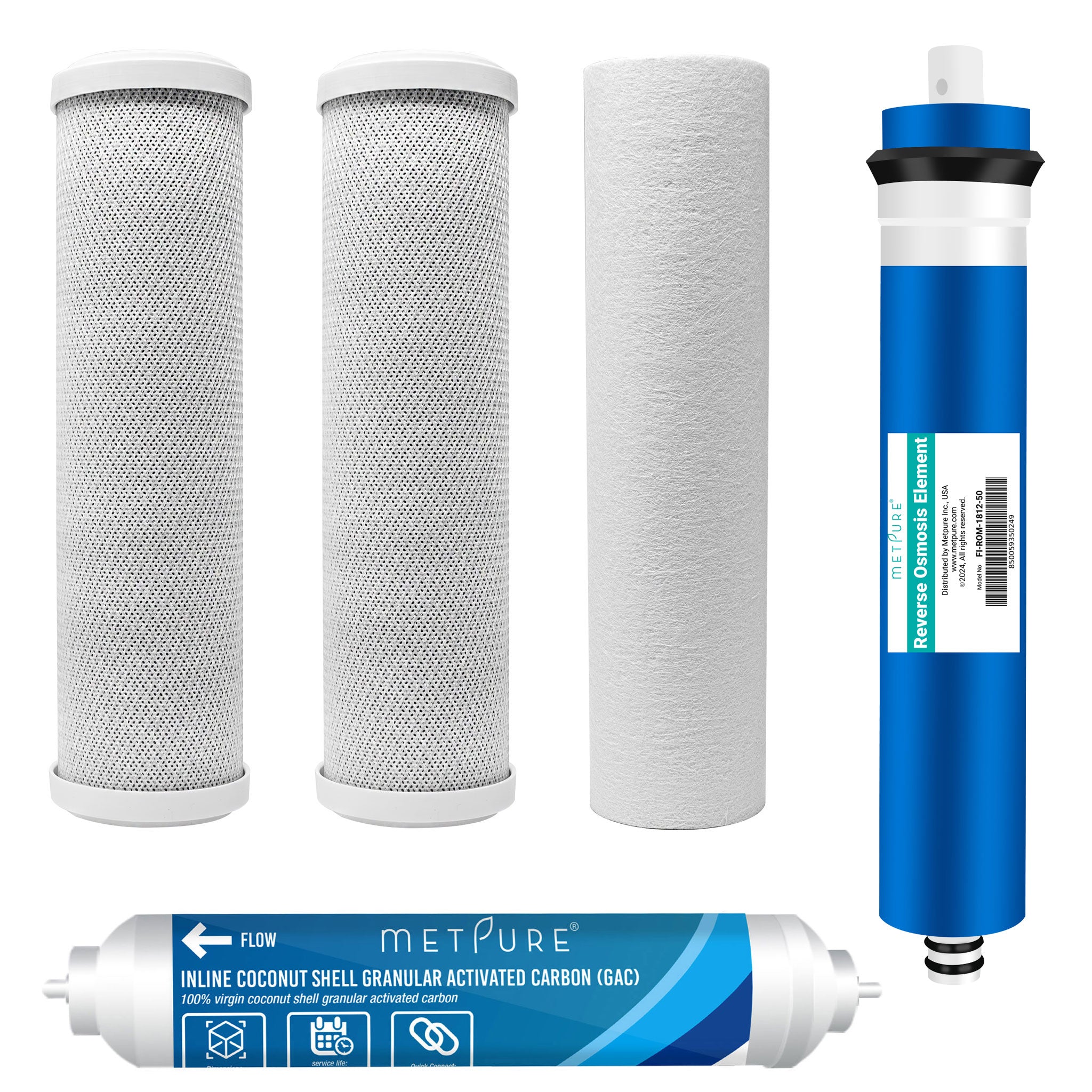 5 Pack Replacement Filters for RO Drinking Water System - (1) 50 GPD RO Reverse Osmosis Membrane + (1) 10" GAC W/ 1/4" Quick Connect Ports + (2) 10" x 2.5" Carbon Block + (1) 10" x 2.5" PP Sediment