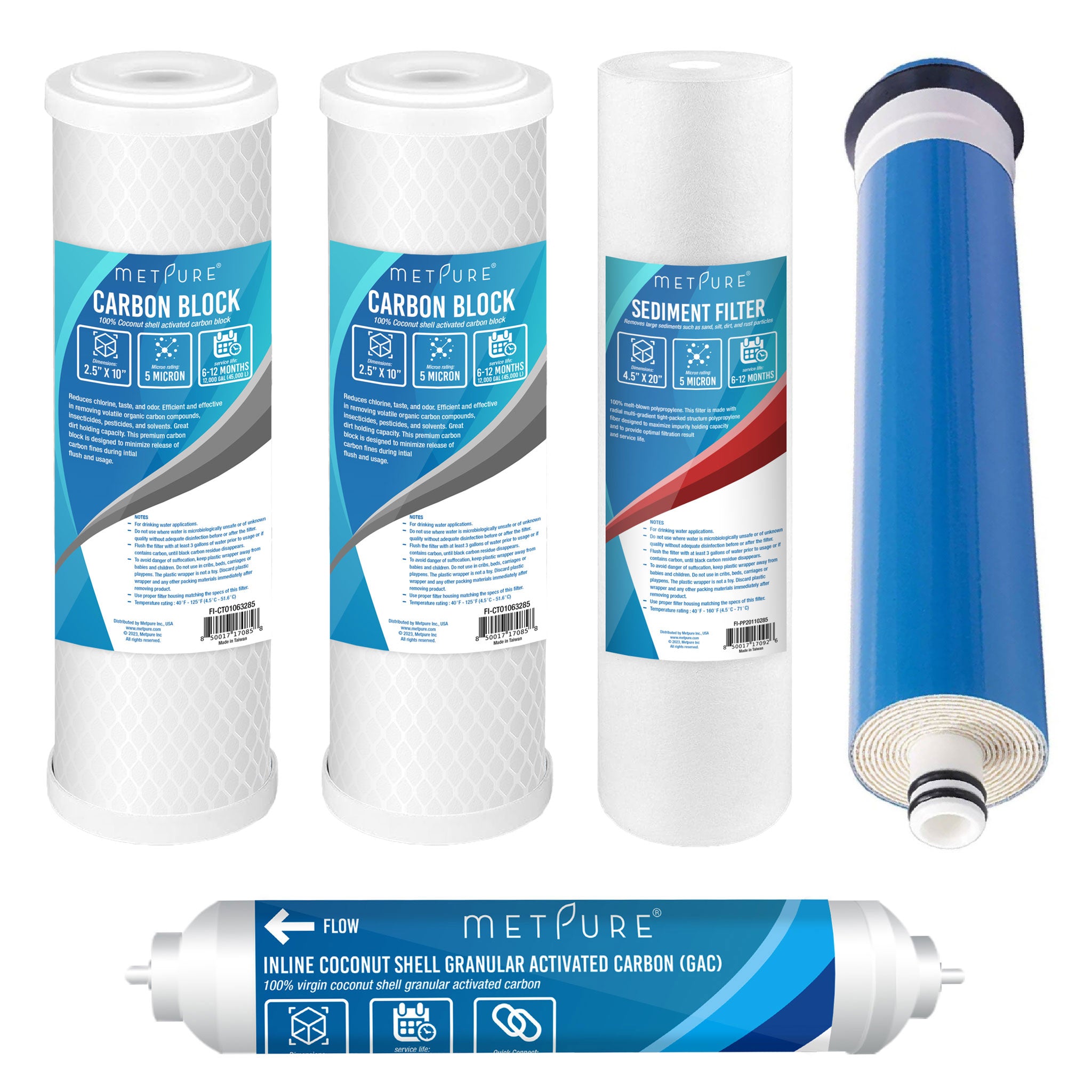 5 Pack Replacement Filters for RO Drinking Water System - (1) 50 GPD RO Reverse Osmosis Membrane + (1) 10" GAC W/ 1/4" Quick Connect Ports + (2) 10" x 2.5" Carbon Block + (1) 10" x 2.5" PP Sediment