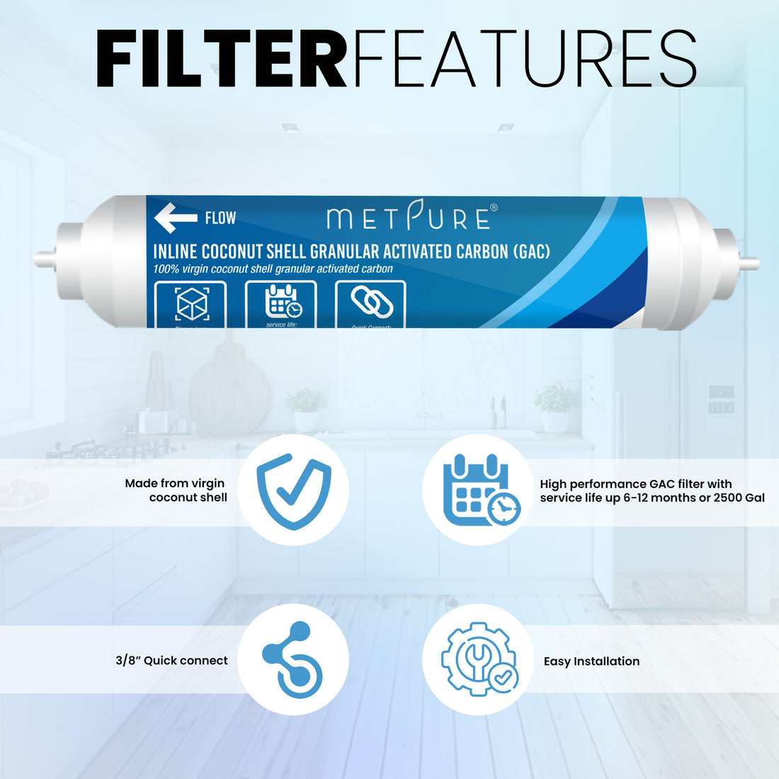 Metpure 2" x 10" RO Carbon Post Filter GAC Coconut Shell Granular Activated Carbon 3/8" Inline Water Filter for Reverse Osmosis Water Filter System, Refrigerator, Ice Maker. 3/8" Quick Connect.