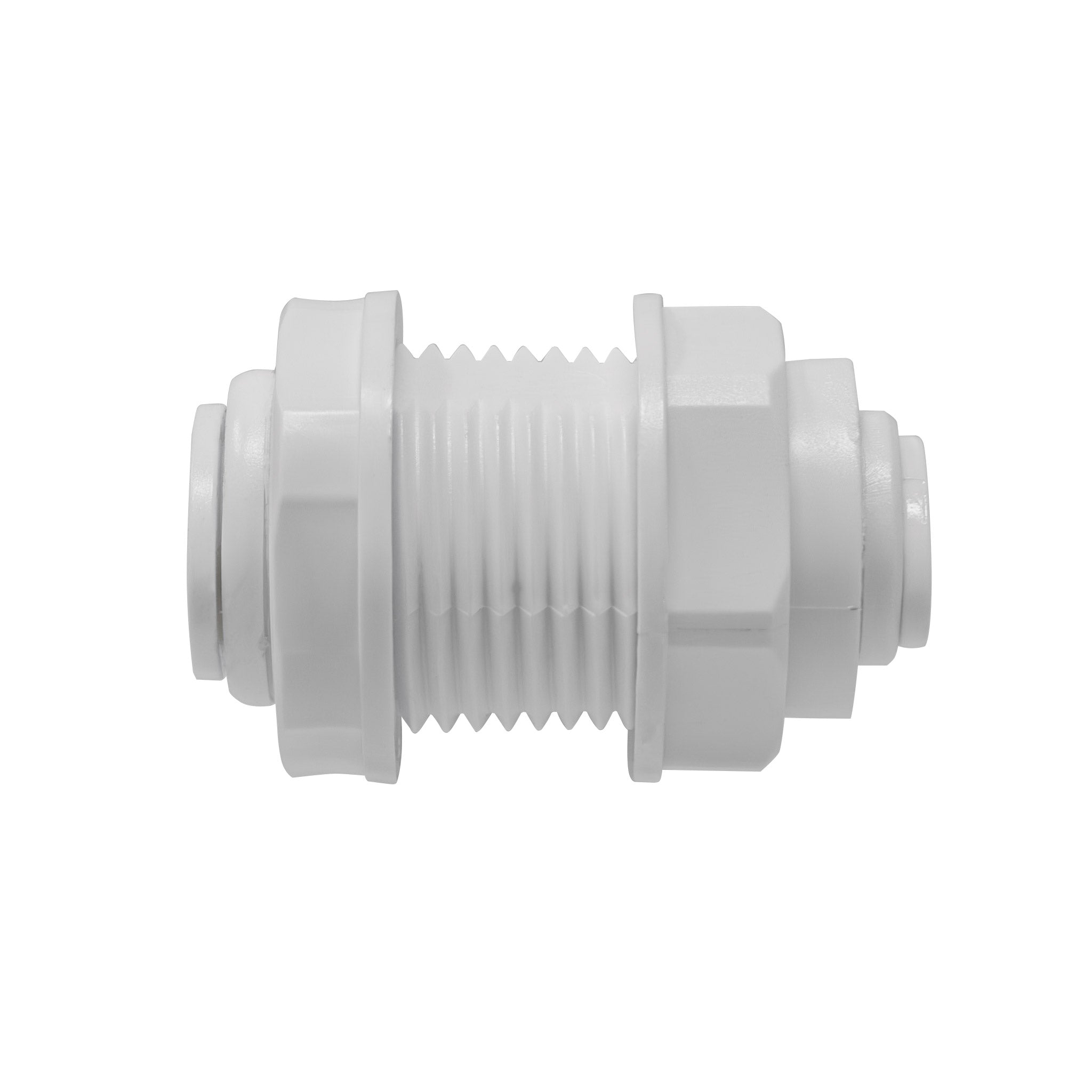 Quick connect bulkhead union. 1/4" quick connect x 3/8" quick connect (nut end). Certified by NSF.