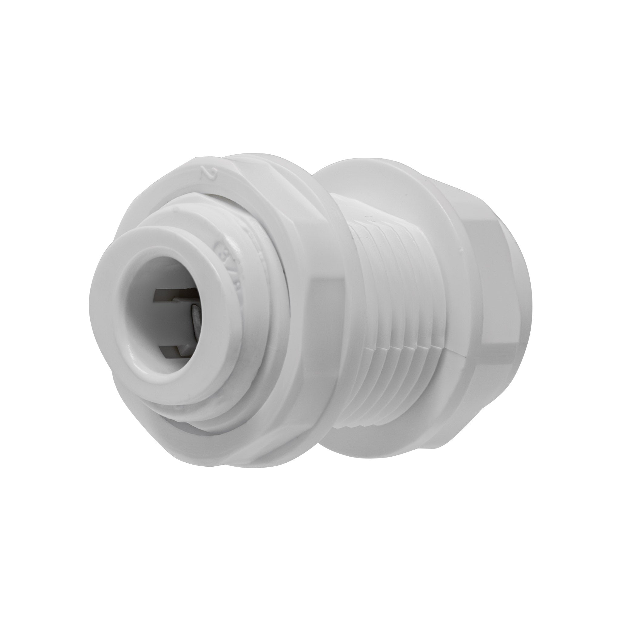 Quick connect bulkhead union. 1/4" quick connect x 3/8" quick connect (nut end). Certified by NSF.