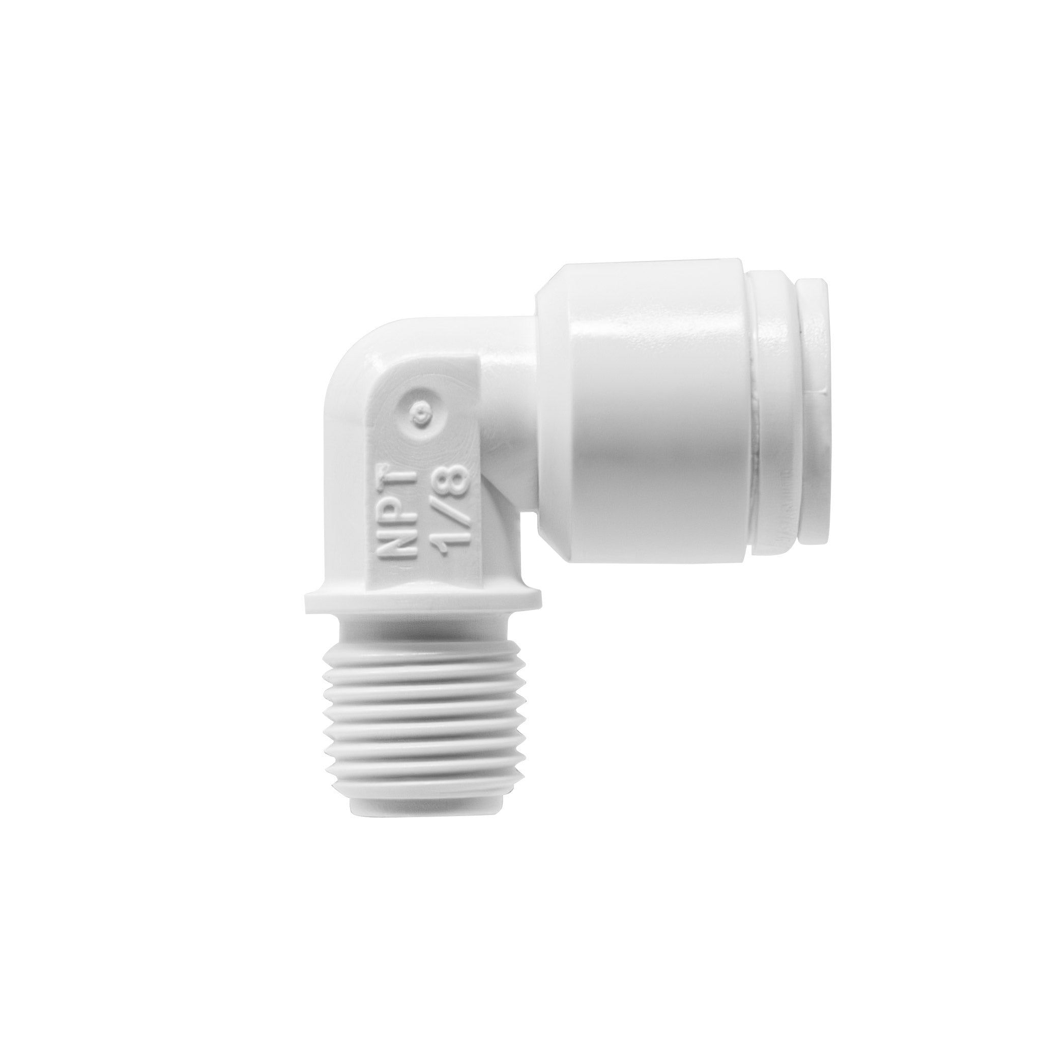 Quick connect male elbow with check valve. 1/4" quick connect x 1/8" male thread. Certified by NSF.