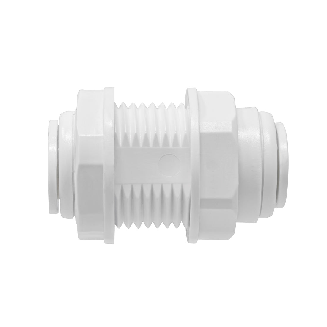 Quick connect bulkhead union. 3/8" quick connect x 3/8" quick connect (nut end). Certified by NSF.