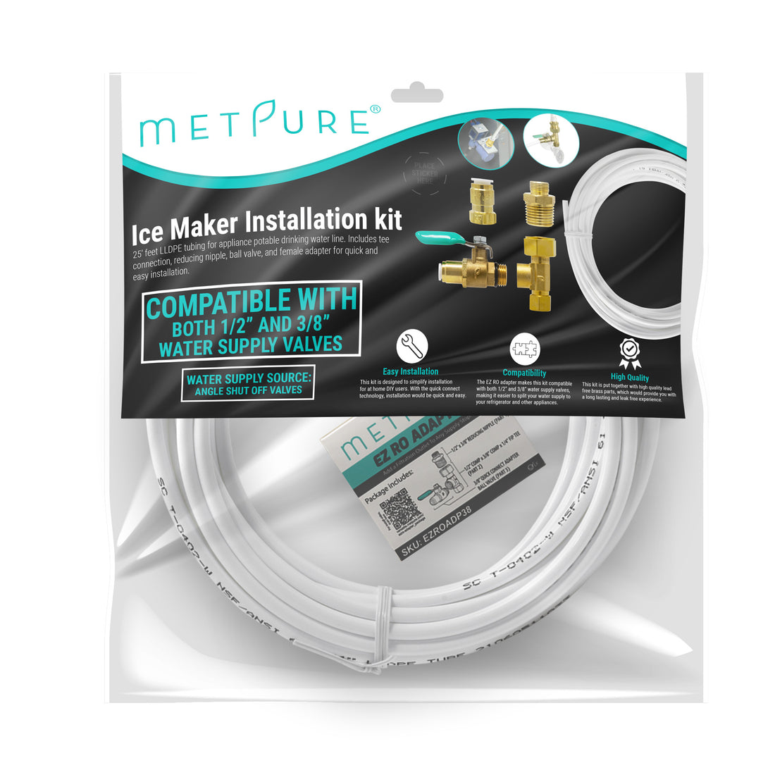 Metpure Ice Maker Fridge Installation Kit - 3/8" Fittings with 3/8" OD 25 Feet White Tubing for Potable Drinking Water