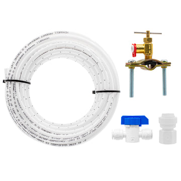 Metpure Refrigerator Water Line Kit for Ice Maker, Water Line, Freezer, Humidifier, & Water Filtration System. Includes: 25 FT x 1/4” OD LLDPE Poly Tubing, 1/4" OD Quick Connect Self-Piercing Needle Saddle Valve, Adapter, & Ball Valve