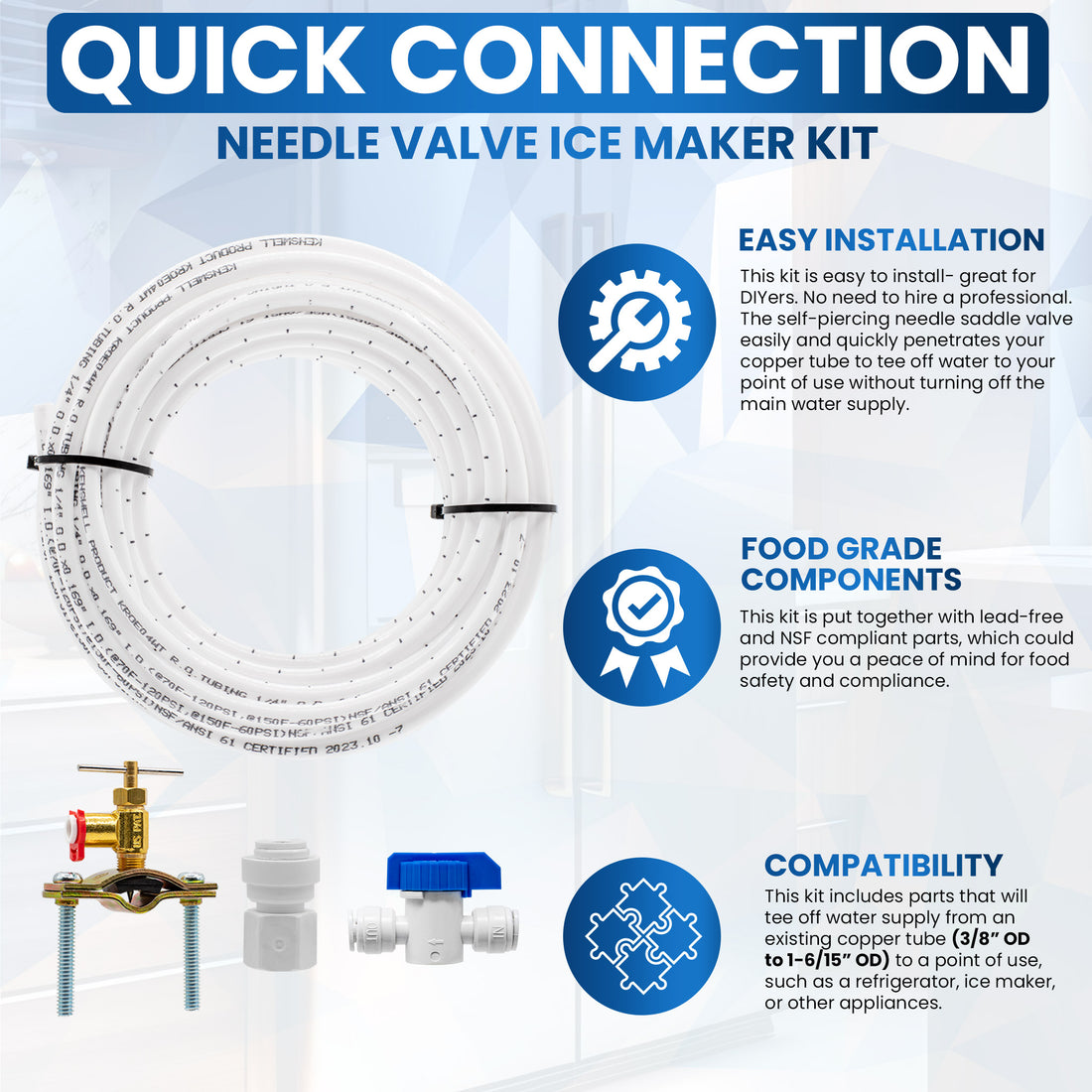 Metpure Refrigerator Water Line Kit for Ice Maker, Water Line, Freezer, Humidifier, & Water Filtration System. Includes: 25 FT x 1/4” OD LLDPE Poly Tubing, 1/4" OD Quick Connect Self-Piercing Needle Saddle Valve, Adapter, & Ball Valve