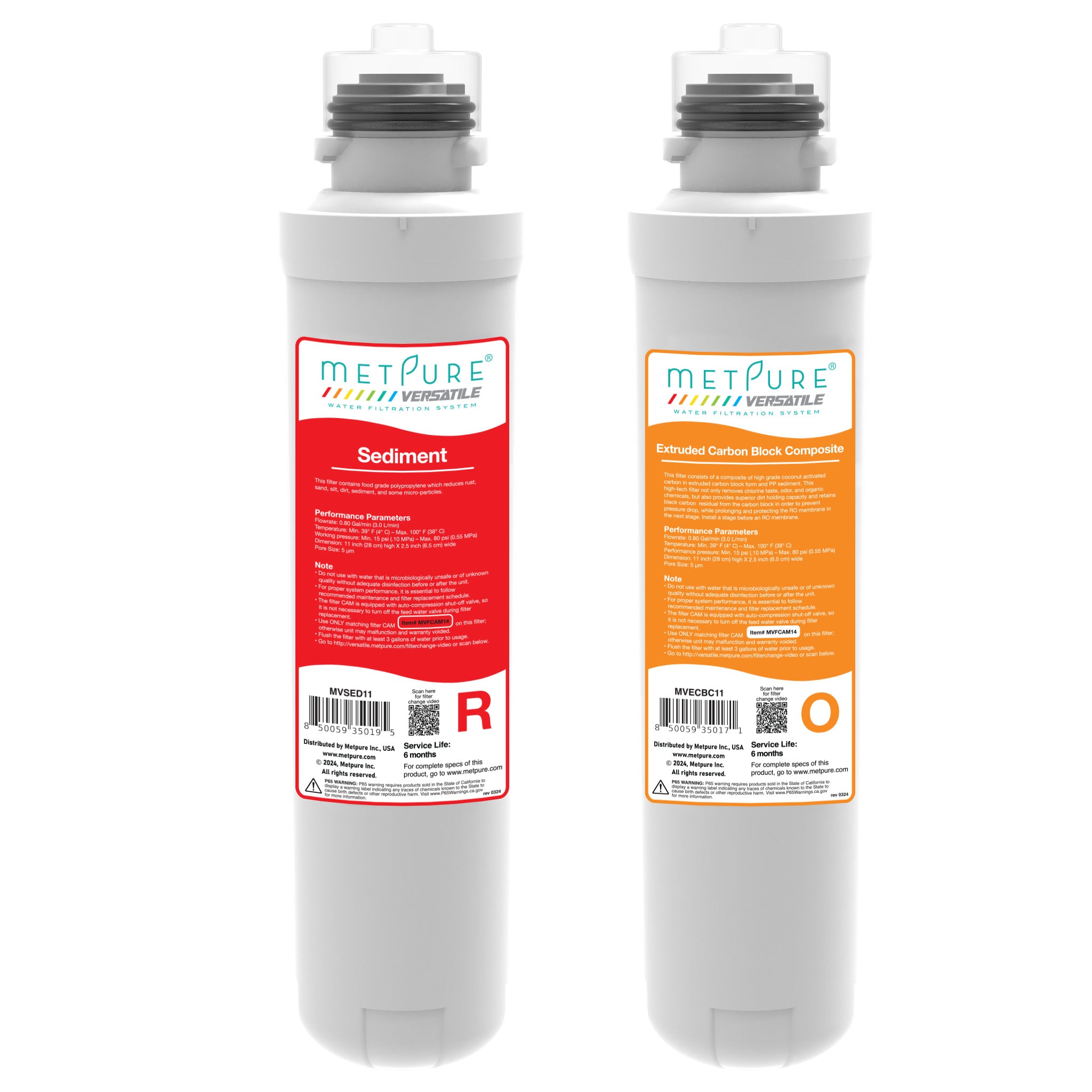 Metpure Versatile Red (R) + Orange (O), Quick Twist Filter Set, Drinking Water Filtration System Filter,  Replacement Cartridge, 11" x 2.5"