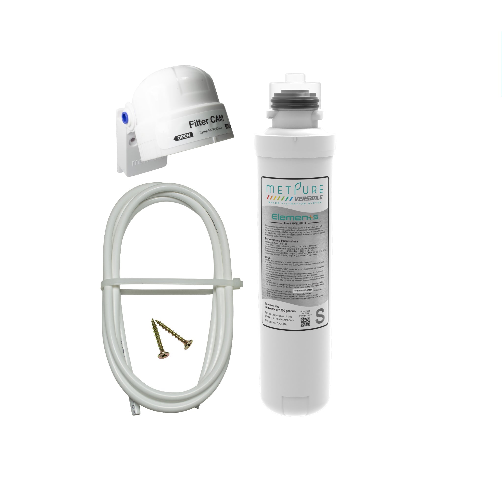 Metpure Elements Antioxidants Alkaline Quick Twist Filter Kit. Includes Metpure Versatile 1/4" CAM, FIlter Clip Mount, and Mounting Hardware Kit.