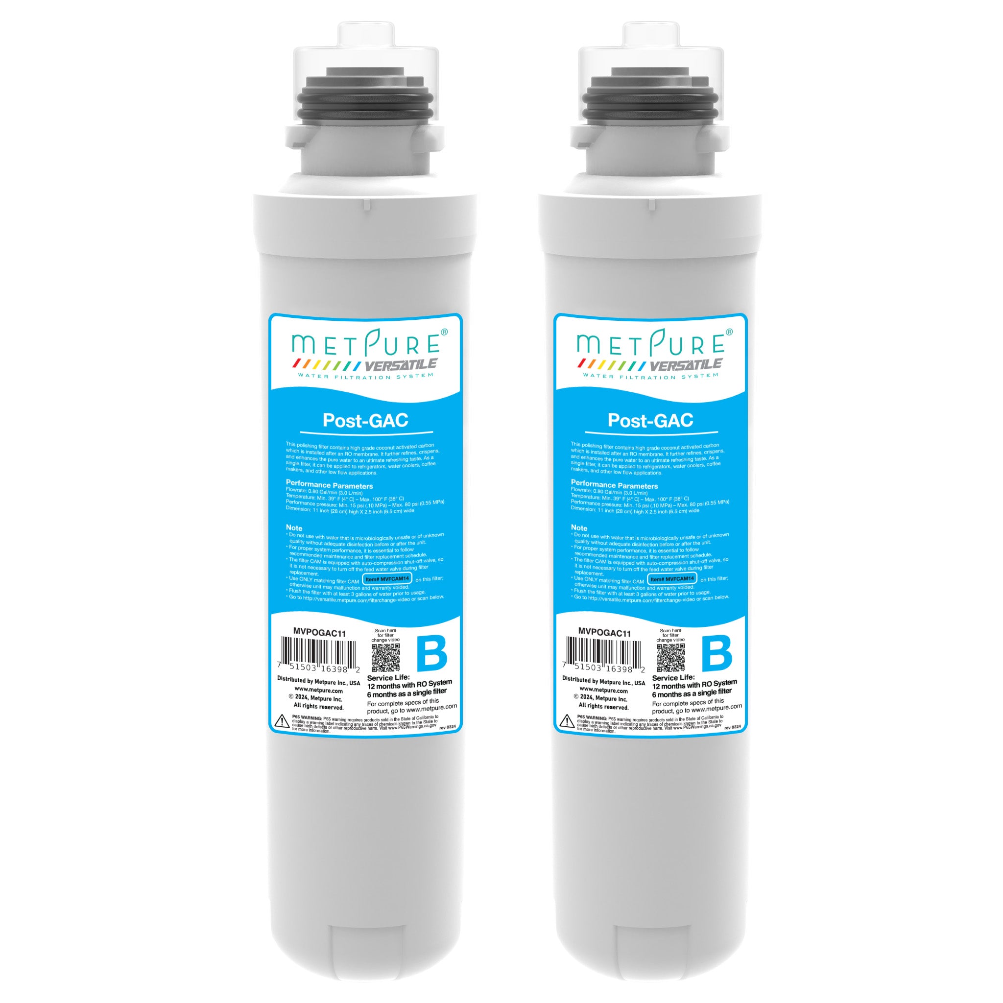 Metpure Versatile Blue Post GAC Quick Twist Filter 2 Pack (B), Drinking Water Filtration System filter, Replacement Cartridge, 11" x 2.5"