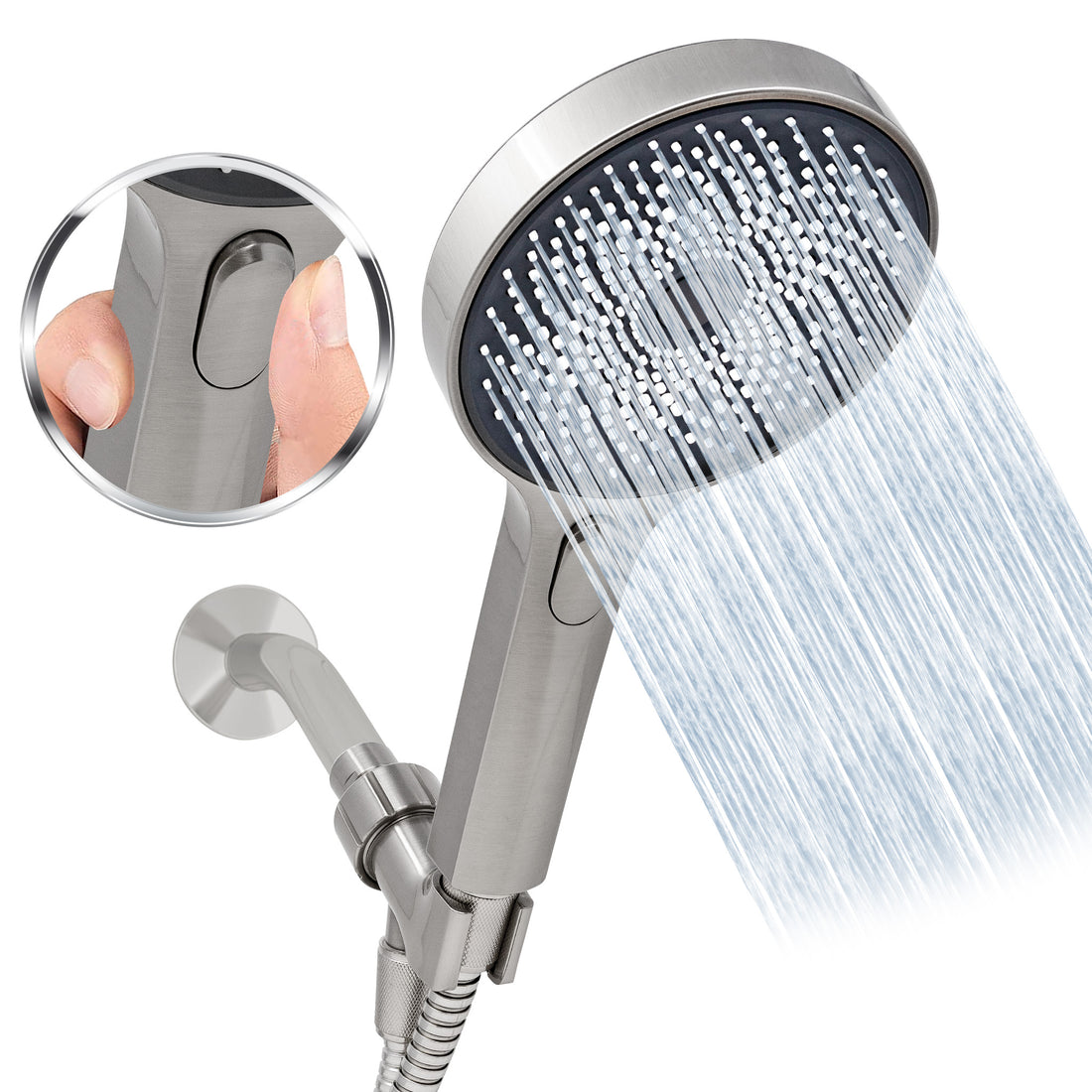 Metpure High-Pressure Handheld Shower Head with Easy Clicker - Multiple Spray Patterns. 5" Large Head for Waterfall Showering Experience. Stainless Steel Hose & Adjustable Mount Holder. Brushed Nickel