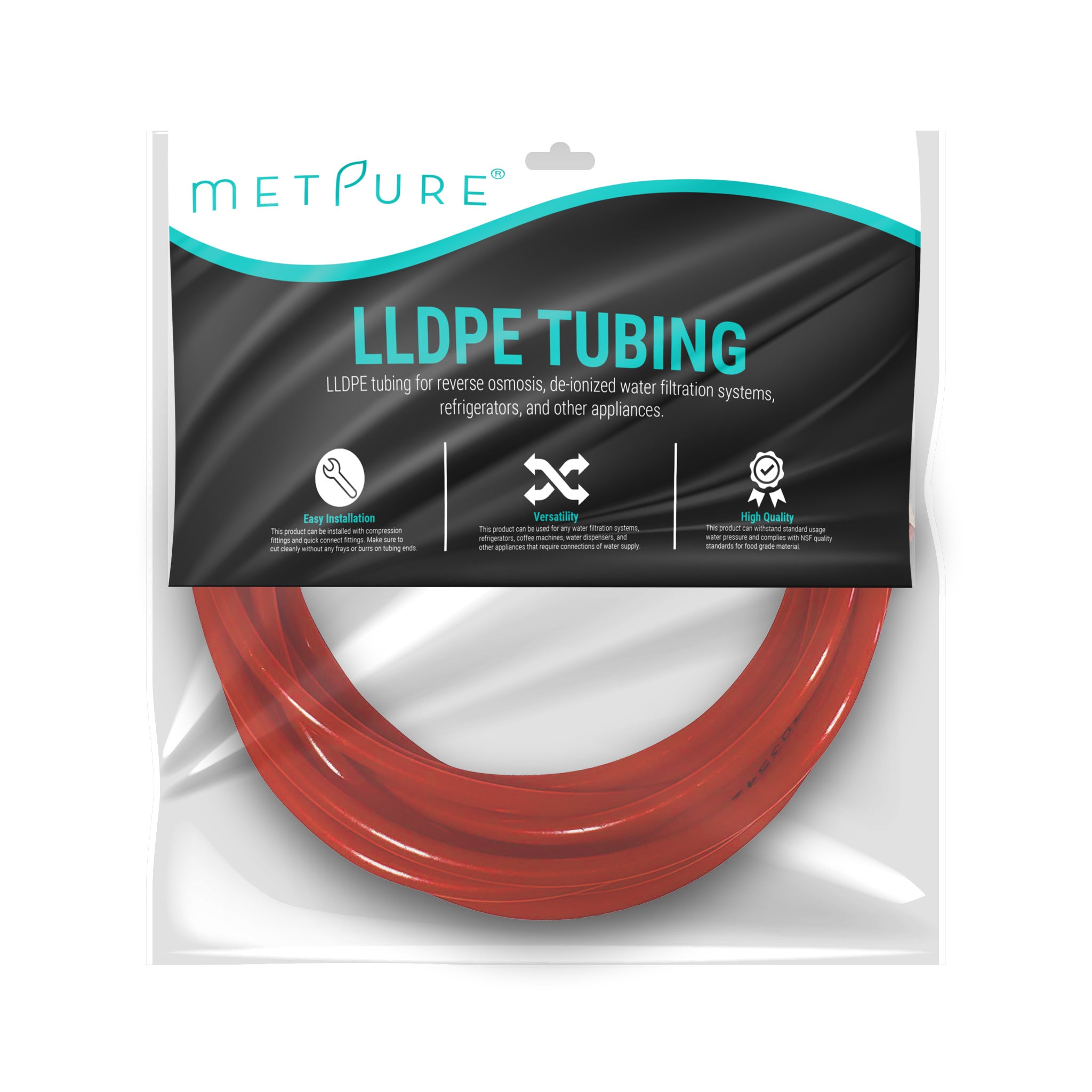 LLDPE 1/4" Tube 25 ft Roll in Metpure Retail Bag. Certified by NSF. For Reverse Osmosis De-ionized Water Filtration Systems, Refrigerators, and Other Appliances. Red Color