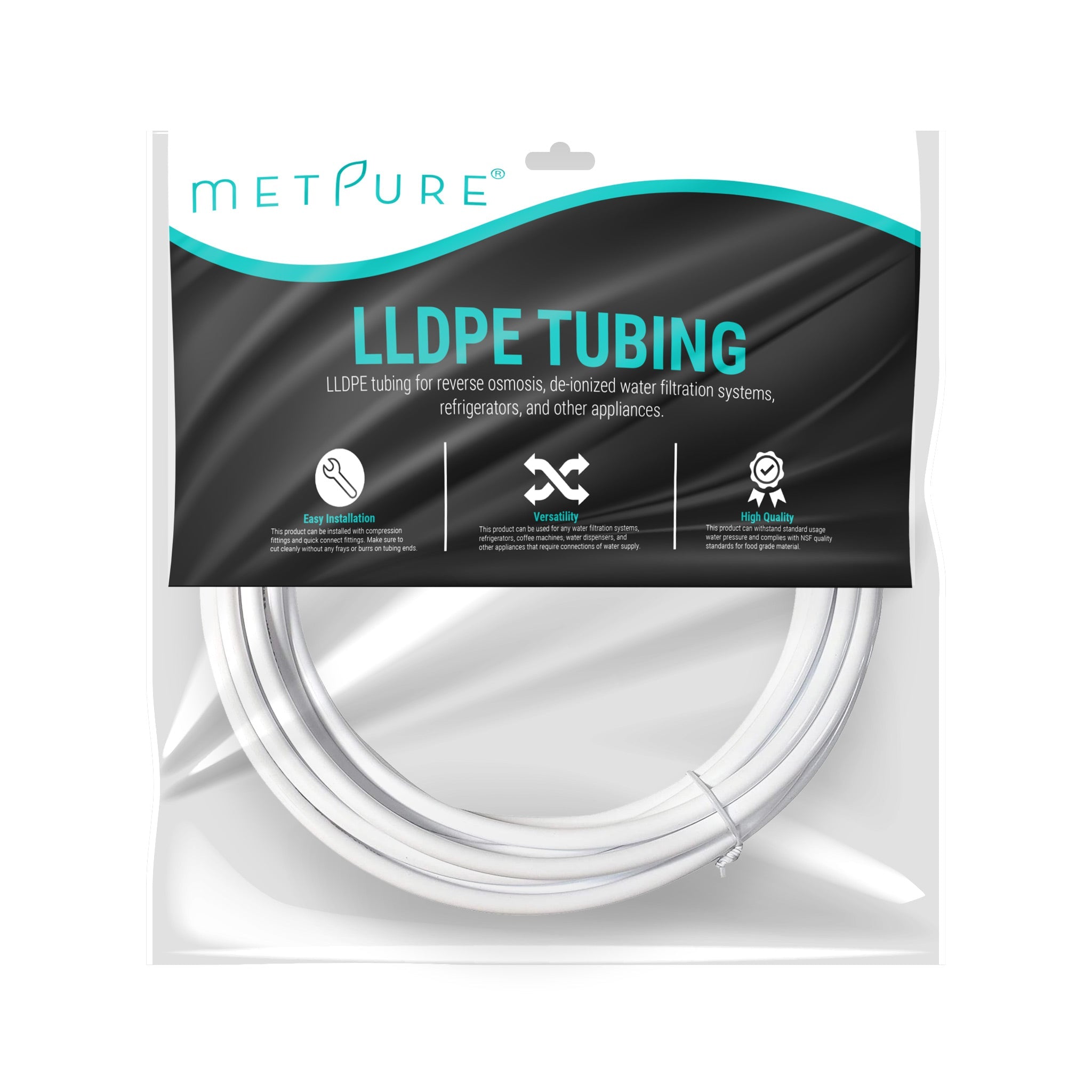 LLDPE 1/4" Tube 25 ft Roll in Metpure Retail Bag. Certified by NSF. For Reverse Osmosis De-ionized Water Filtration Systems, Refrigerators, and Other Appliances. White Color