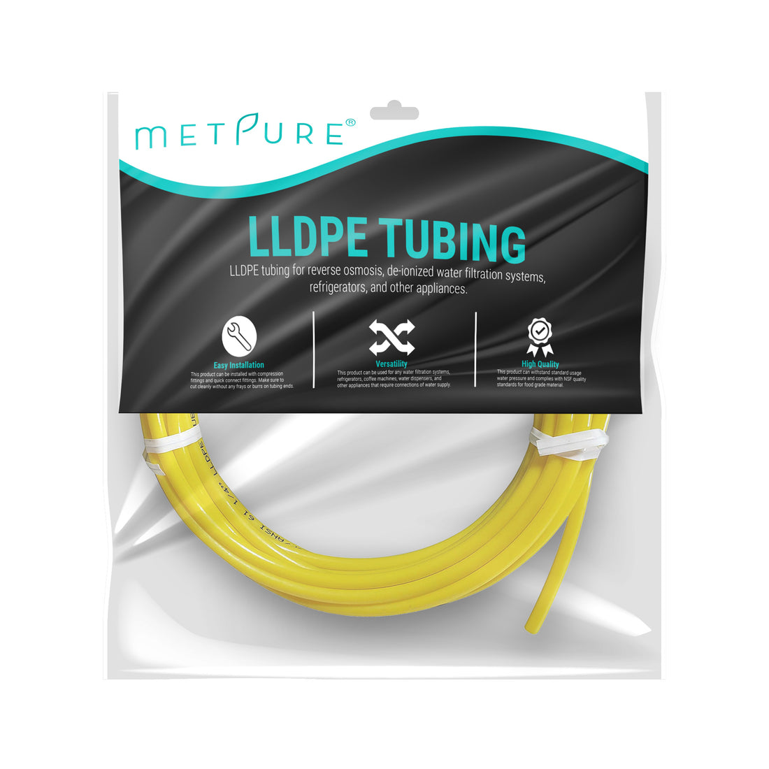 LLDPE 1/4" Tube 25 ft Roll in Metpure Retail Bag. Certified by NSF. For Reverse Osmosis De-ionized Water Filtration Systems, Refrigerators, and Other Appliances. Yellow Color