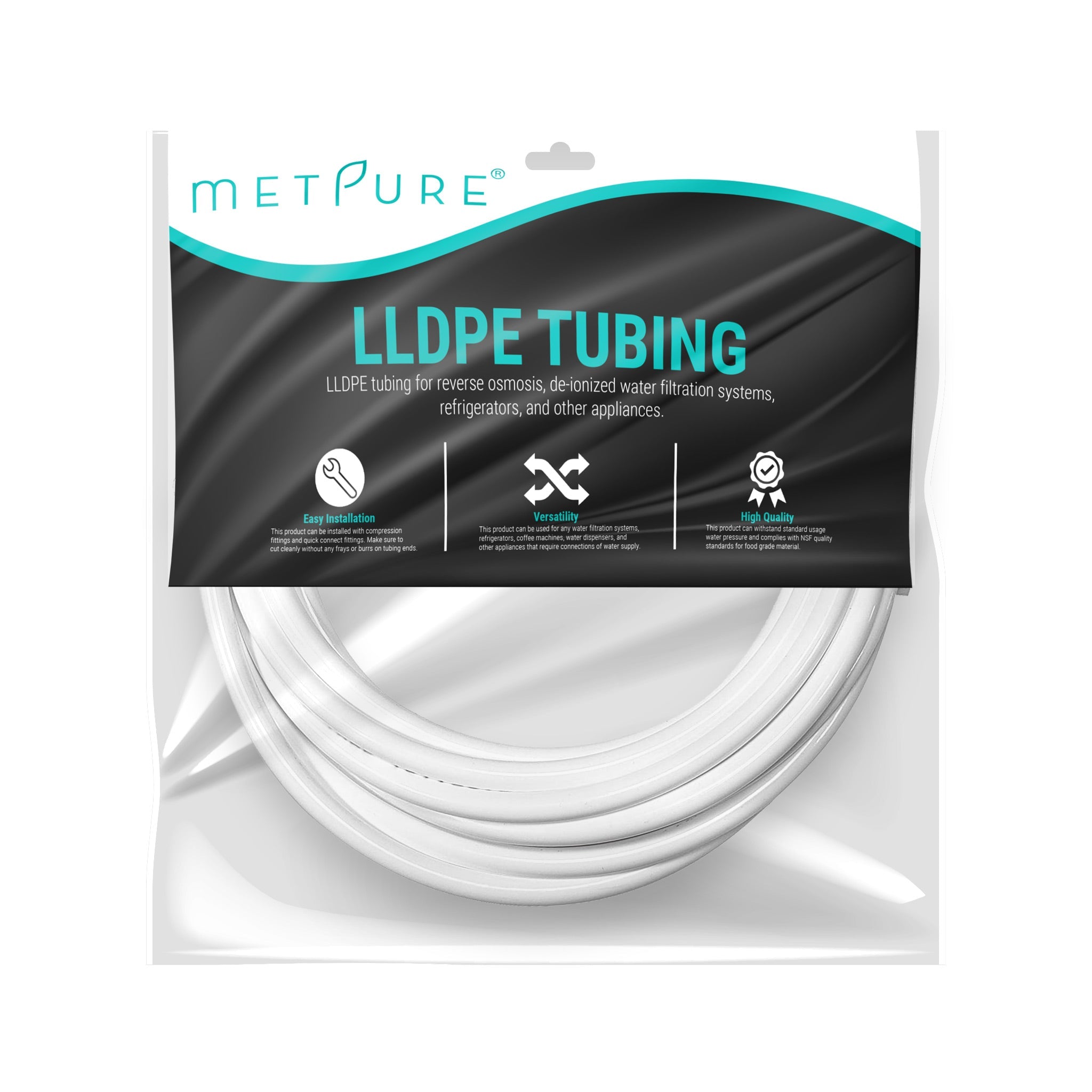 LLDPE 3/8" Tube 25 ft Roll in Metpure Retail Bag. Certified by NSF. For Reverse Osmosis De-ionized Water Filtration Systems, Refrigerators, and Other Appliances. White Color