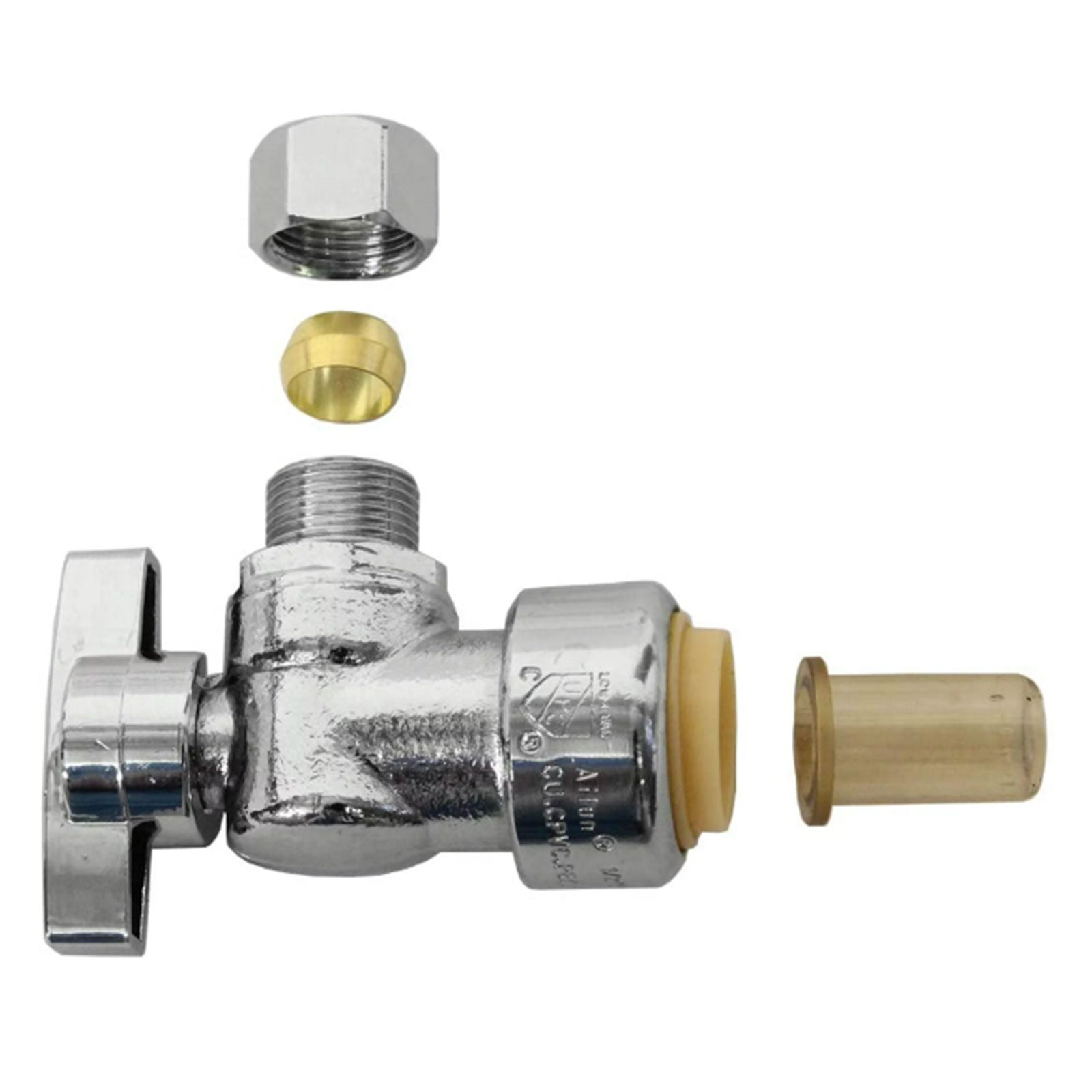 Push Fit Brass Angle Stop Shut Off Valve 1/2" Nom x 3/8" OD Comp, 1/4 Turn ON/Off for Bathroom Fixtures - Faucet, Toilet Supply Shut-Off Lead Free LF